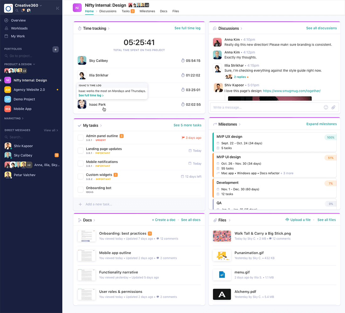 Manage projects, work, and communications remotely. Nifty is the collaboration hub that makes timelines, deliverables, and workloads clear to your team and clients. Nifty is new-wave project management that reduces project development cycles and improves team productivity by combining collaboration, communication, and automation. The result is milestone-driven results that keep teams inspired and organizational goals on schedule. Nifty helps teams' simplify their workflow by consolidating team communication, project management, and client collaboration into one easy, fun, and efficient tool. With Discussions, Tasks, Docs, Roadmaps, and Files all in one place — Nifty lets you focus on building products instead of juggling tools.