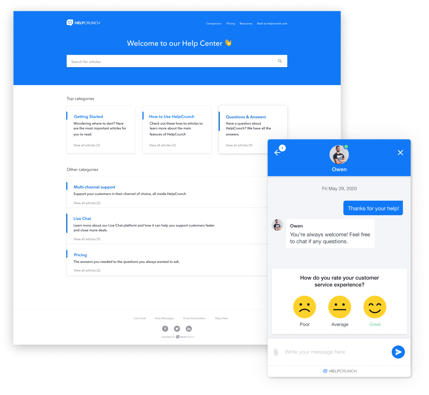 Since 2016, we’ve been building a product to help startups and SMBs connect with and talk to their customers in a modern way. With over 300 user reviews and 4.9/5 average rating, HelpCrunch is now a mature customer communication platform that provides you with all the tools you need to generate more leads and sales on your website, boost user engagement, and provide excellent customer support 24/7. If you need help migrating from a previous solution, our support team is happy to help you with this and answer any other questions.