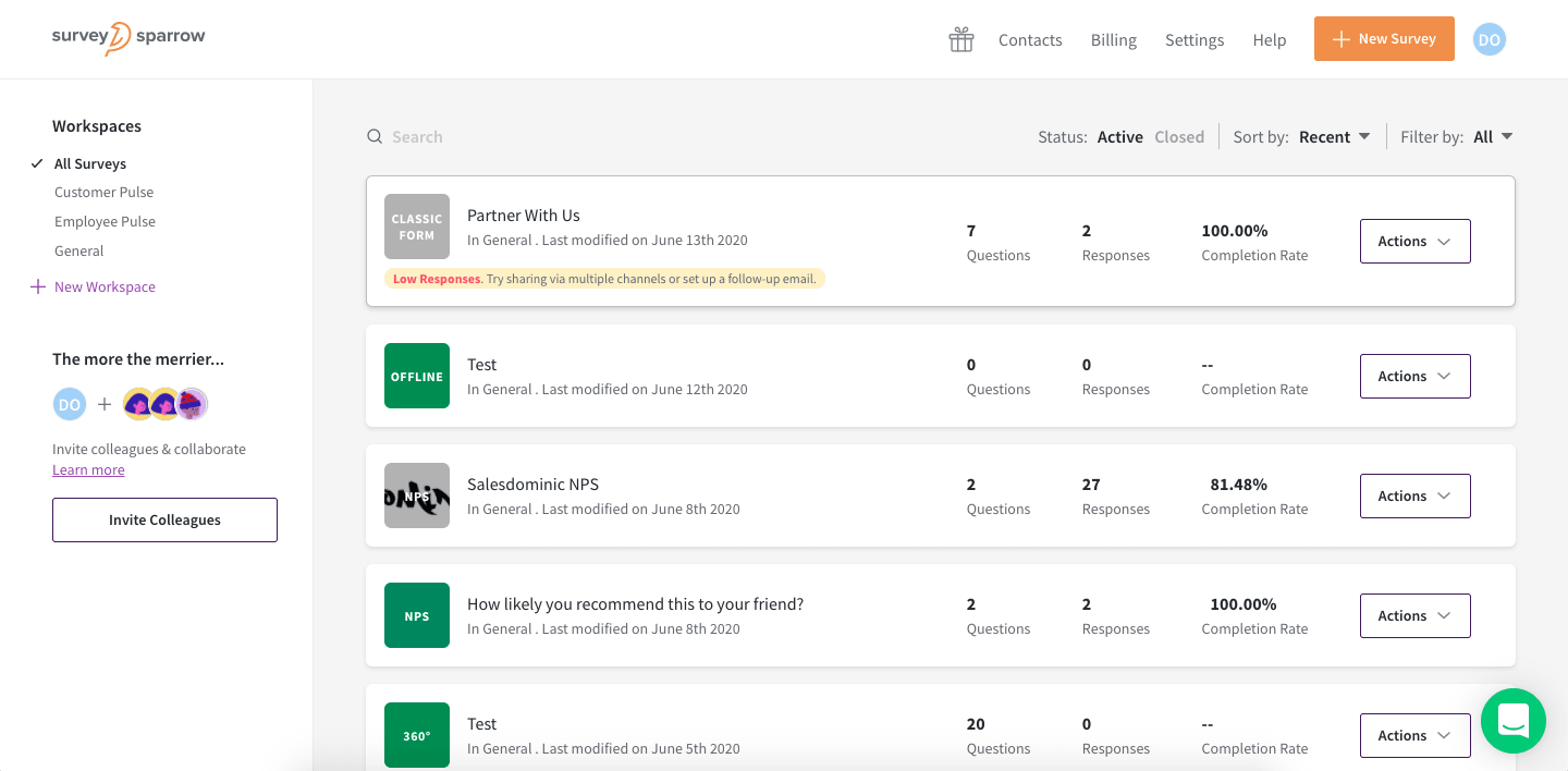 SurveySparrow lets you turn surveys into conversations. With a conversational interface, SurveySparrow enables users to create and share highly engaging, mobile-first surveys that offer a chat-like experience. SurveySparrow Recurring Surveys let you send surveys at regular intervals to gauge customer or employee pulse. With easy sharing options, SurveySparrow allows you to share your surveys across Web, Mobile, Social, and E-mail to easily collect feedback from your targeted audience.