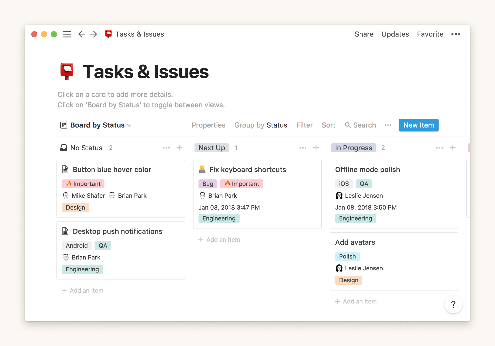 A new tool that blends your everyday work apps into one. It's the all-in-one workspace for you and your team. One tool for your whole team. Write, plan, and get organized. Notion solves problems unique to every function: product, engineering, HR, design, sales and marketing. Connect the whole company. No more context switching or silos: team wiki, project & tasks, notes & docs. Bring clarity to your team: with one tool, everyone sees the whole picture. Collaborate in real time: comment anywhere to start a discussion. Mention your coworkers when you need input. Invite & share: work solo, invite a single teammate, or share documents with your entire company.