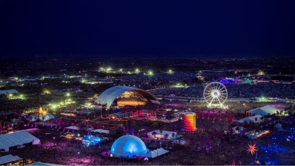 Aerial view of Coachella festival at night with CES power infrastructure
