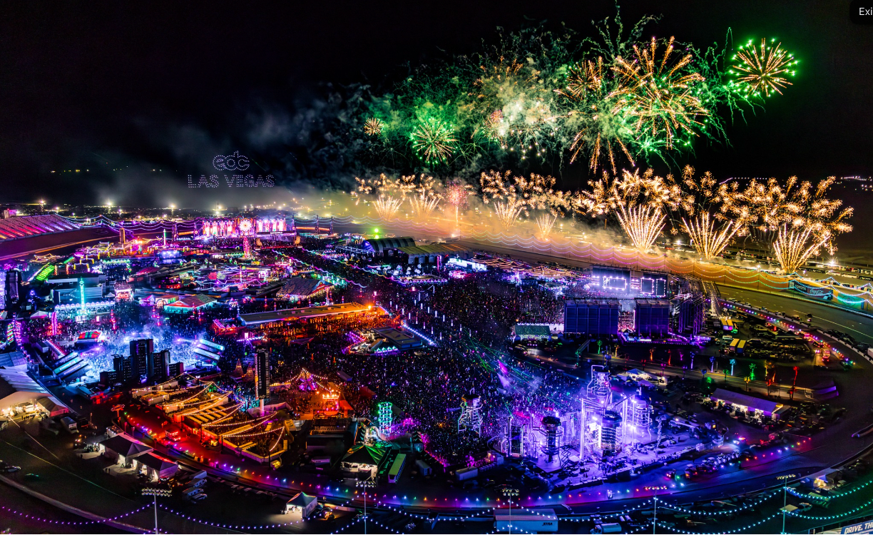 EDC Las Vegas night festival with fireworks and CES infrastructure