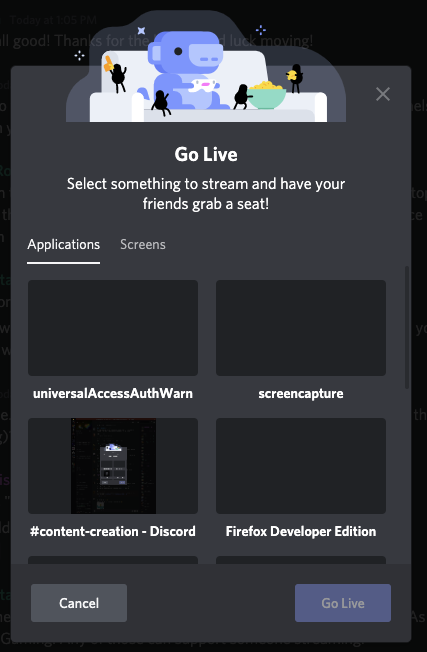 discord go live application chooser