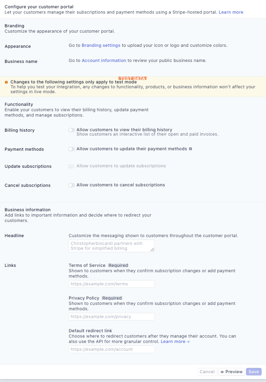 Strip Billing Portal Dashboard Settings