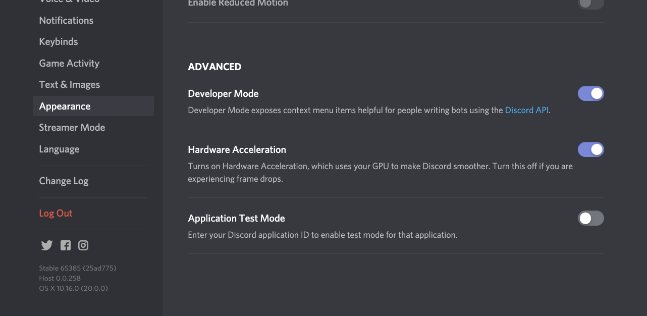 Discord developer mode setting