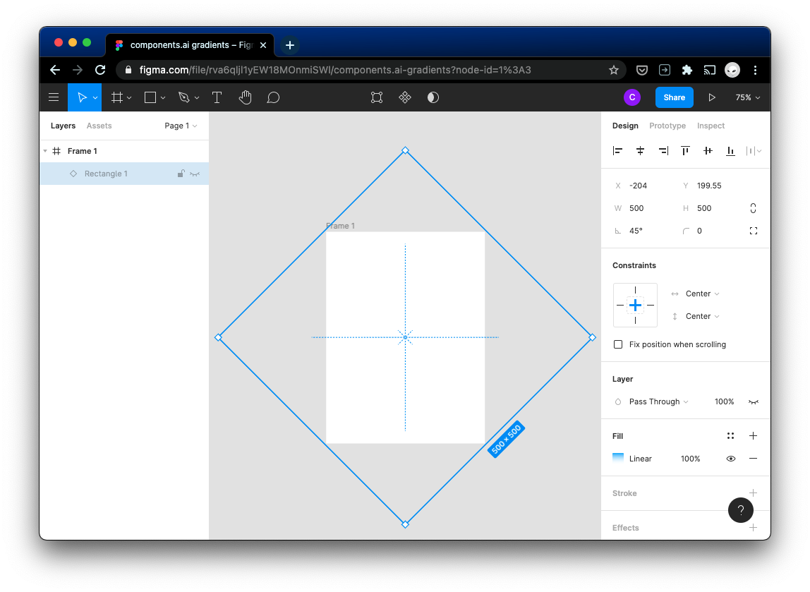 figma 500x500 rectangle rotated at 45 degrees on a 300x400 frame