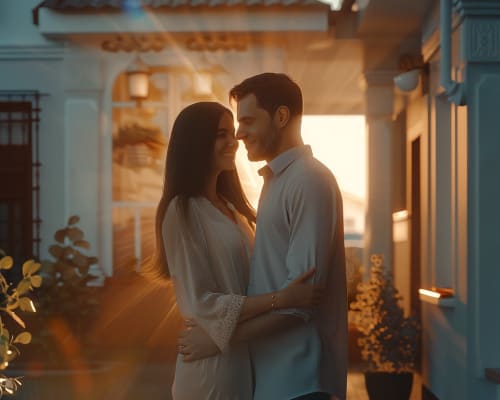 Couple devant une maison sous les rayons de soleil, sci familiale