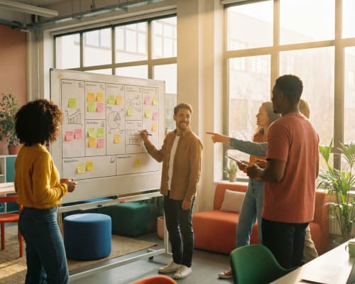 Une femme utilise des post it pour remplir un business model canvas