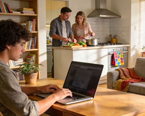 年轻女子在客厅使用笔记本电脑工作