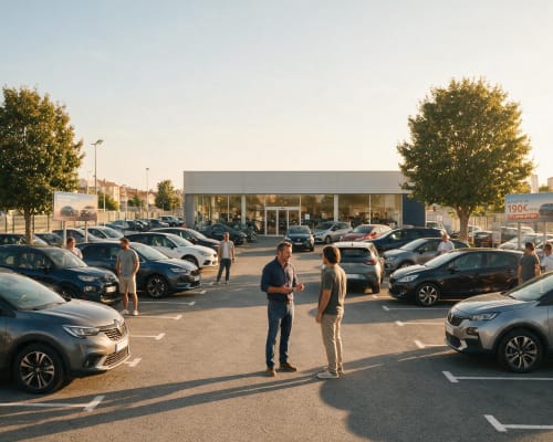 several car salesmen surrounded by vehicles of various colors.