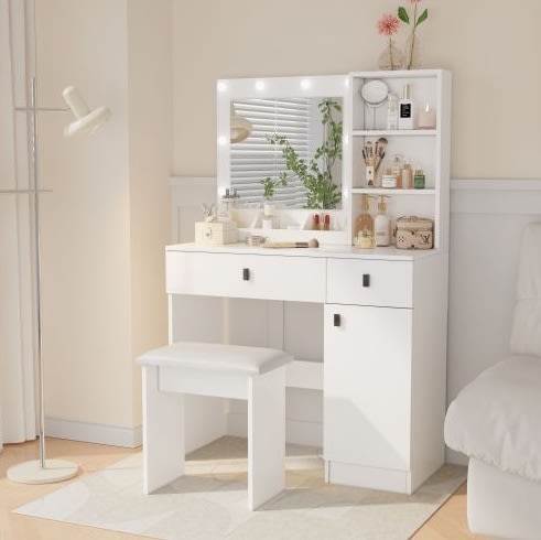 Vanity Desk With Lights, Vanity Set With Mirror, Makeup Vanity Desk With Large Drawers  Three Level Storage Dreeser, VanitysVanities With 3 Lights Brightness Adjustable For Bedroom, White view 7