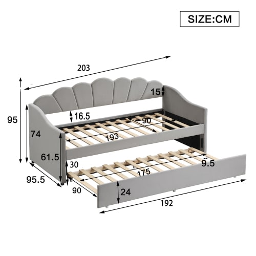 Upholstered Bed, 3FT Single Bed 90x190cm, Bottom With Trundle Bed 90x190cm, Daybed Sofa Bed, Youth Bed, For Adults & Teenagers, Easy Assembly, Velvet, Grey view 7