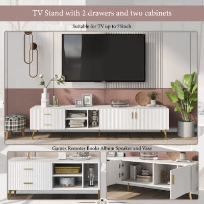 White TV Stand For 75-inch Televisions, Lowboards, TV Boards, TV Cabinet, Entertainment Center, TV Console Table, Modern Entertainment Center, Media Console White view 2