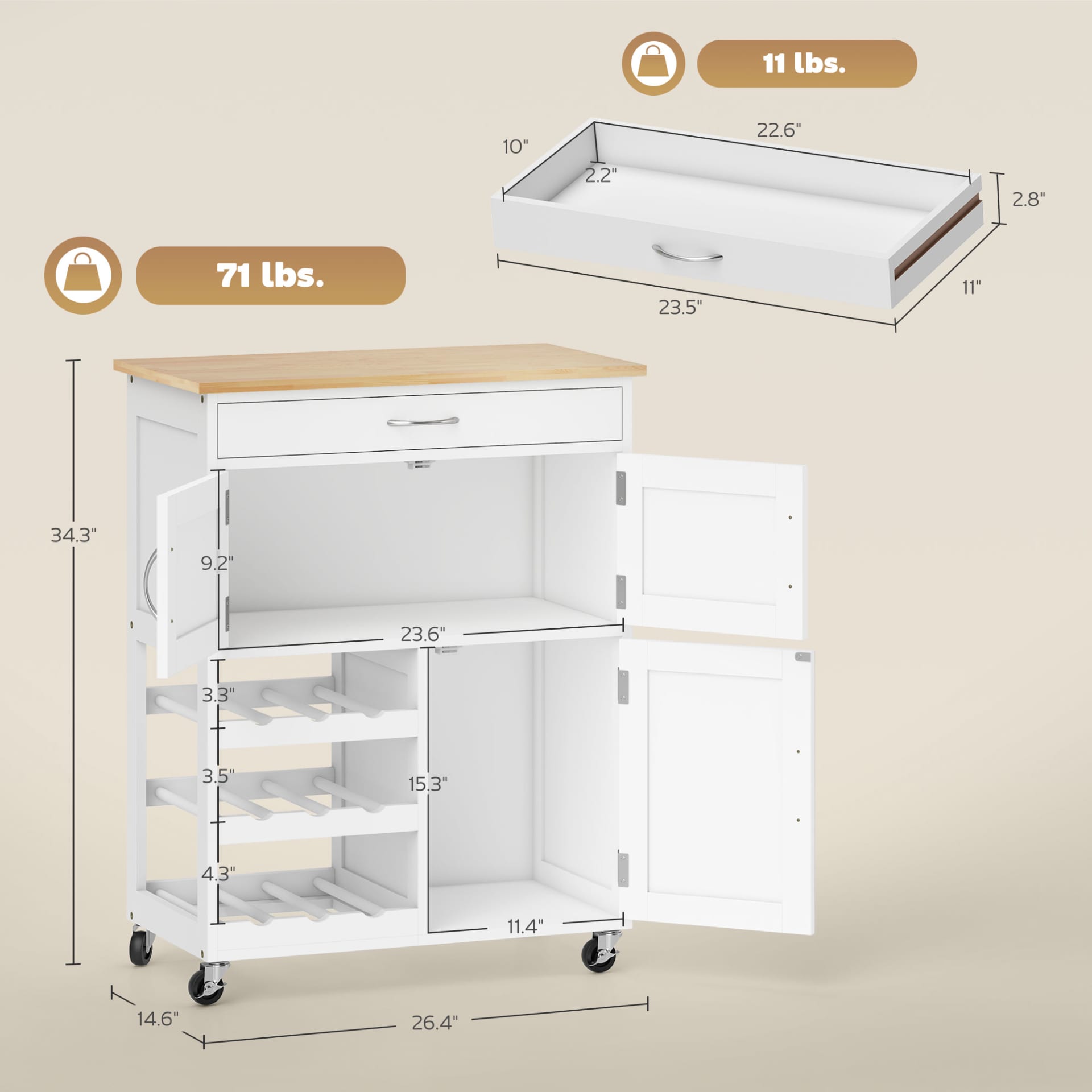 Rolling Kitchen Cart, White, Island With Storage Drawer, 9-Bottle Wine Rack, Door Cabinets, Wooden Countertop view 2