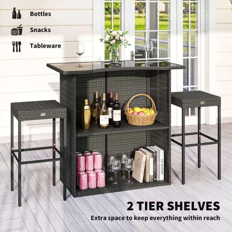 Outsunny 5 Piece Rattan Wicker Bar Set, High Top Outdoor Table And Chairs, Bar Height Patio Set, 2 Shelves & 4 Bar Stools, GrayMultiple Packages view 6