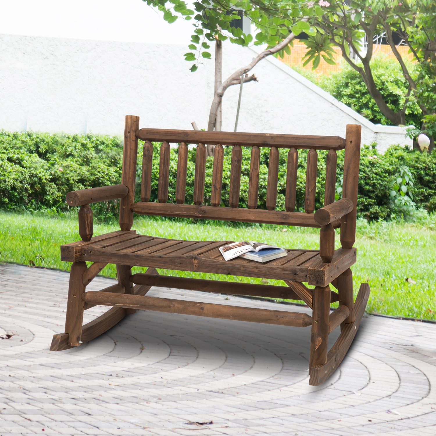Sturdy Rocking Loveseat Wooden Log Design Wide Curved Walnut Seats ForRelaxation view 4