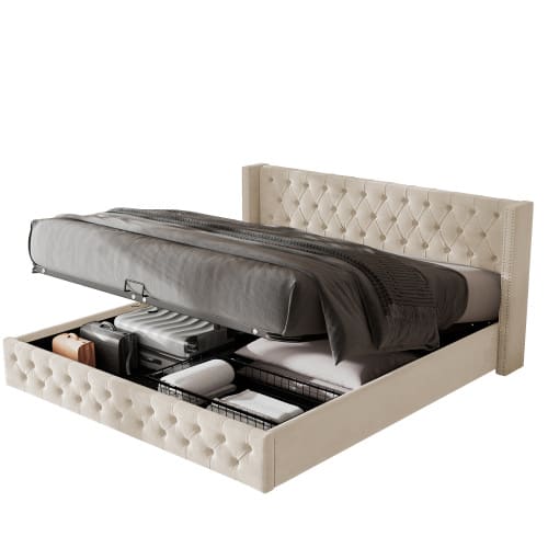 Upholstered Bed, With Hydraulic Lever, Functional Bed From Storage, 150 X 200 Cm, Without Mattress, Velvet, Beige view 16