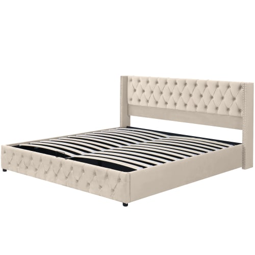 Upholstered Bed, With Hydraulic Lever, Functional Bed From Storage, 150 X 200 Cm, Without Mattress, Velvet, Beige view 12