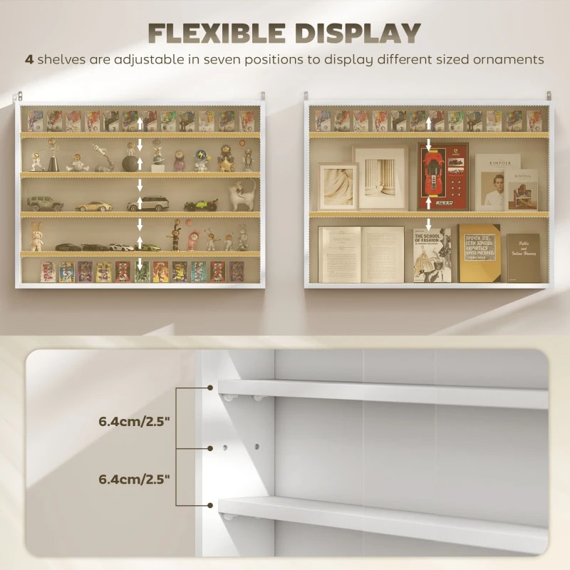5-Tier Display Cabinet, Wall-Mounted Display Case With 2 Glass Doors And Adjustable Shelves, White view 4
