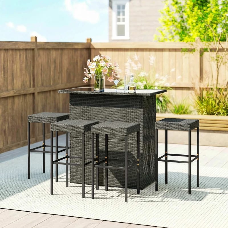 Outsunny 5 Piece Rattan Wicker Bar Set, High Top Outdoor Table And Chairs, Bar Height Patio Set, 2 Shelves & 4 Bar Stools, GrayMultiple Packages view 9