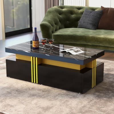Modern White Rectangular Coffee Table With Marble Pattern Triamine Board Top And 2 Wooden Drawers, Living Room Table, 100x50x40cm view 6