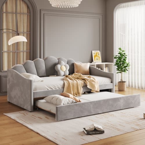 Upholstered Bed, 3FT Single Bed 90x190cm, Bottom With Trundle Bed 90x190cm, Daybed Sofa Bed, Youth Bed, For Adults & Teenagers, Easy Assembly, Velvet, Grey view 8