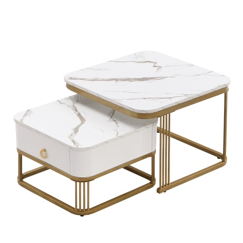 Nestable Coffee Table High Gloss Marble Exterior, Gold Accents, Side Table With Drawer. Set Of Two view 25