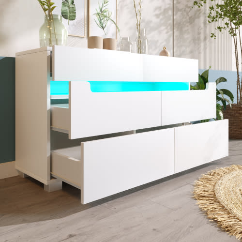 Sideboard Cabinet Dresser With 6 Drawers,Storage With RGB LED App Control, Sideboard With Cut-out Handles, 6-drawers Chest Of Drawers, 71 X 120 X 40 Cm, White view 21