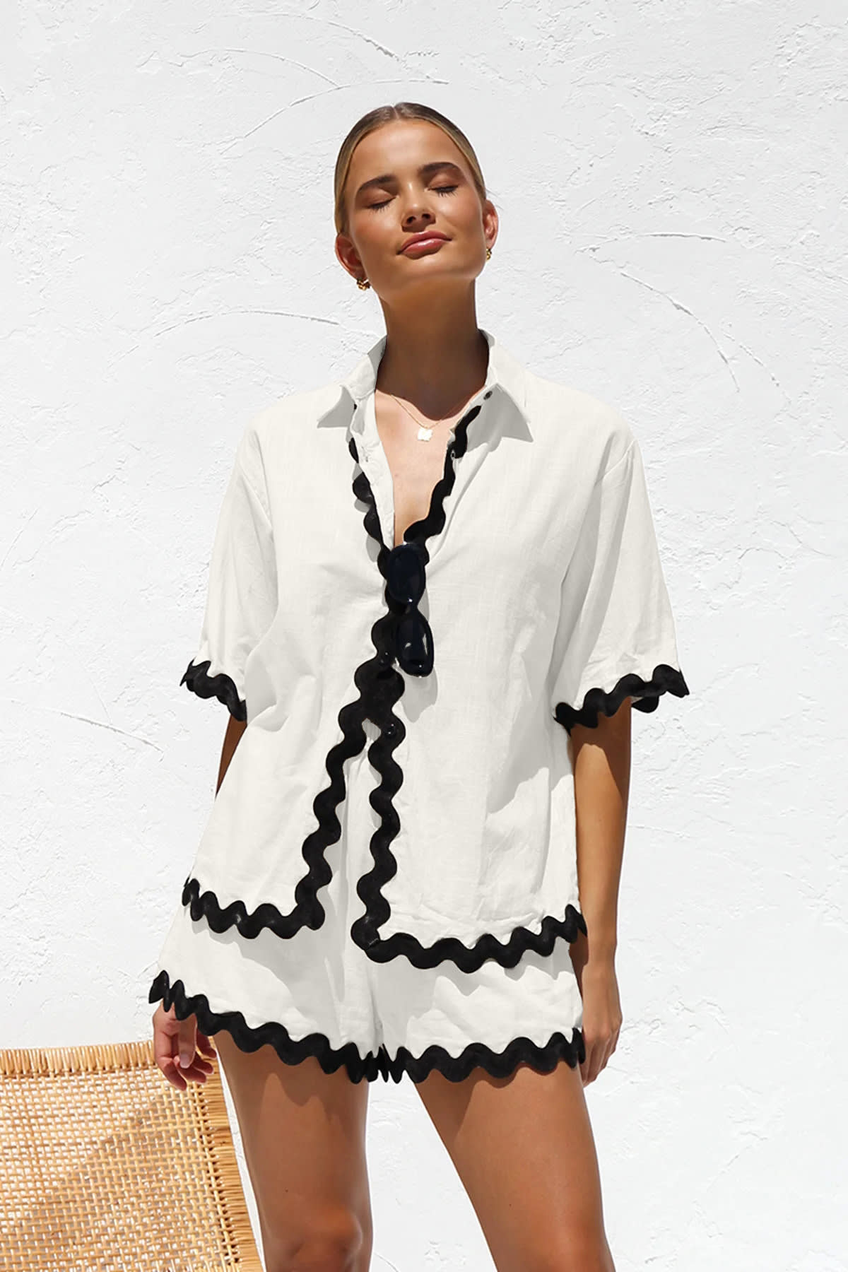 2Pcs Summer Shirt Suit With Short-sleeved V-neck Shirt And Shorts Fashion Wave Print Suits For Womens Clothing view 9
