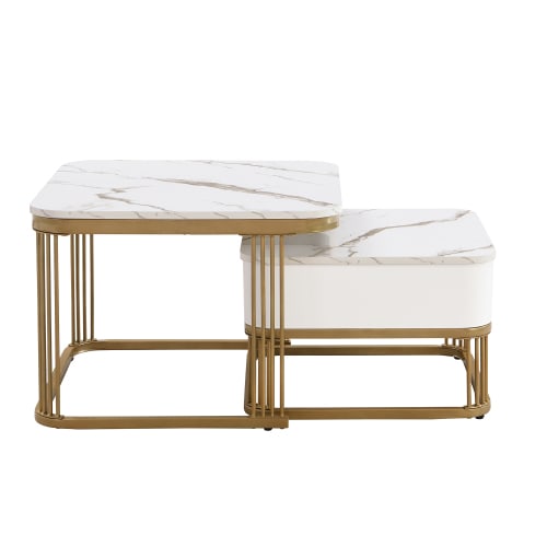 Nestable Coffee Table High Gloss Marble Exterior, Gold Accents, Side Table With Drawer. Set Of Two view 3