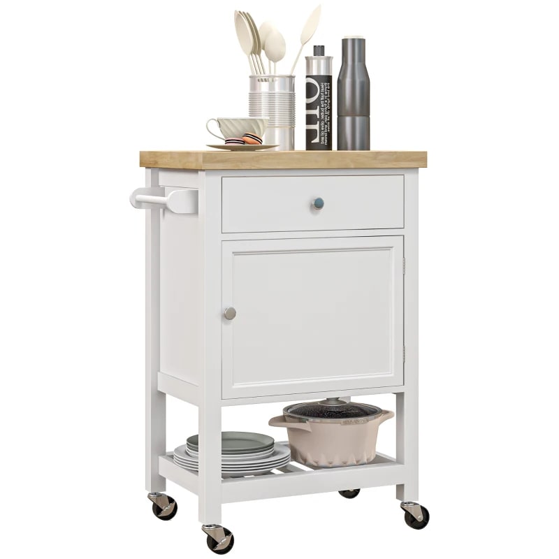 Kitchen Island On Wheels, Rolling Kitchen Cart With Rubberwood Top, Drawer, Wine Rack And Cabinet, White view 4