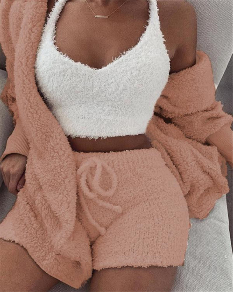 3pcs Womens Clothing Long Sleeve Crop Tank Top And Drawstring Shorts Pajama Set view 4