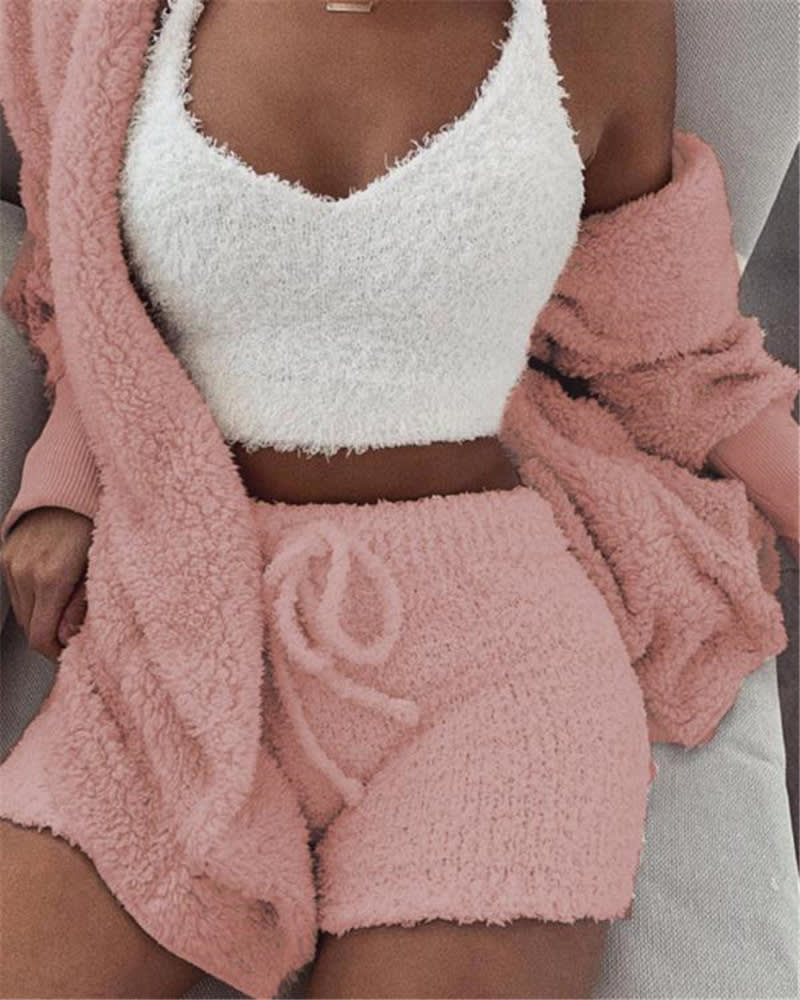 3pcs Womens Clothing Long Sleeve Crop Tank Top And Drawstring Shorts Pajama Set view 1