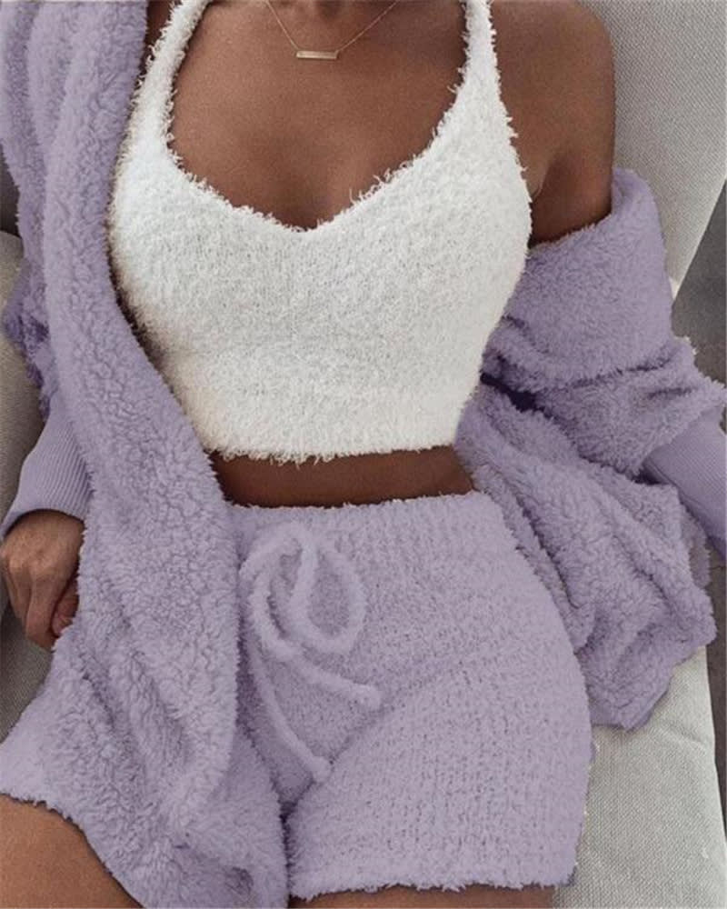 3pcs Womens Clothing Long Sleeve Crop Tank Top And Drawstring Shorts Pajama Set view 13