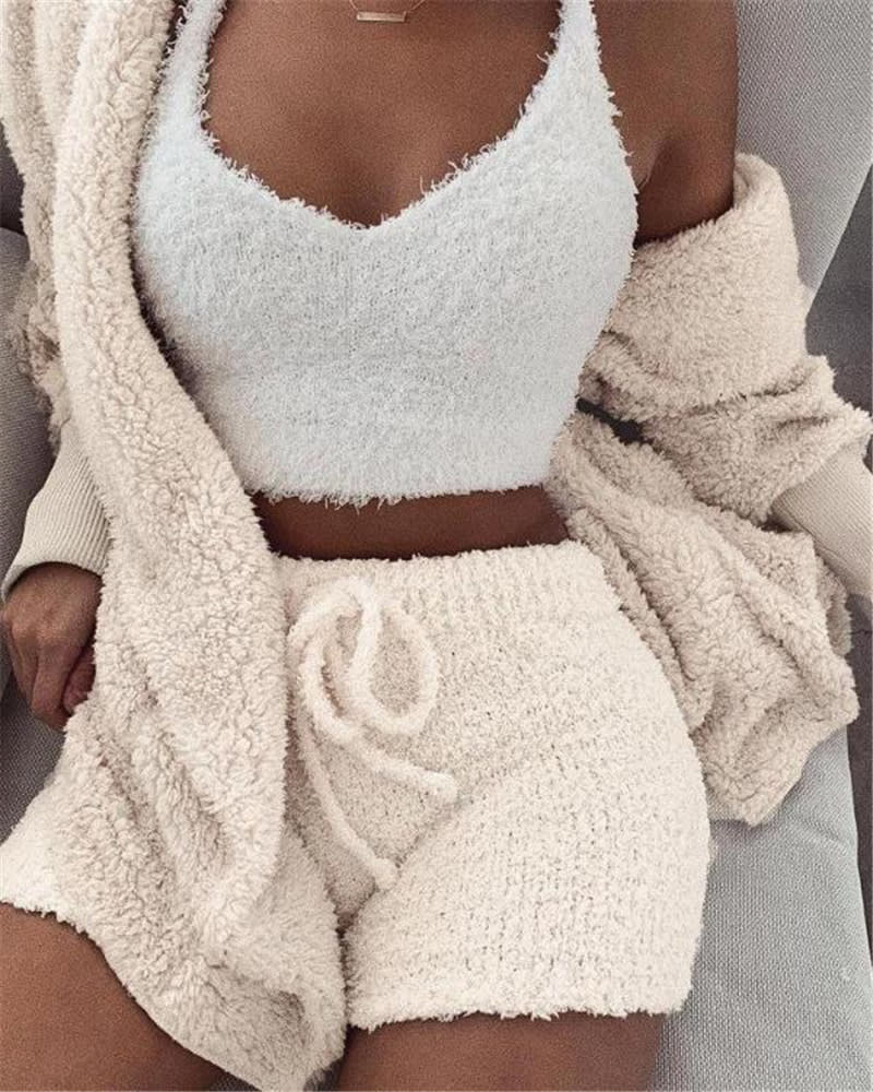 3pcs Womens Clothing Long Sleeve Crop Tank Top And Drawstring Shorts Pajama Set view 7