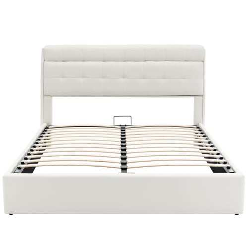 Fashion Upholstered Bed,150x200  5ft, King Bed,Hydraulic Bed,Concealed Headboard Storage,Bed Box Storage,PU,With Slats And Headboard,Without Mattress,Cream White view 10