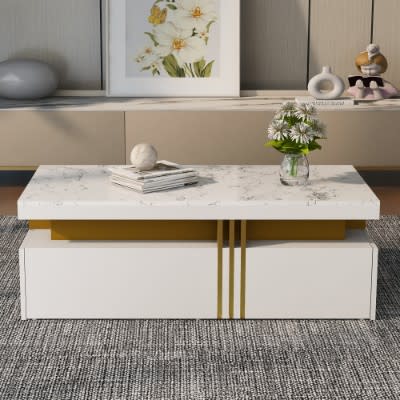 Modern White Rectangular Coffee Table With Marble Pattern Triamine Board Top And 2 Wooden Drawers, Living Room Table, 100x50x40cm