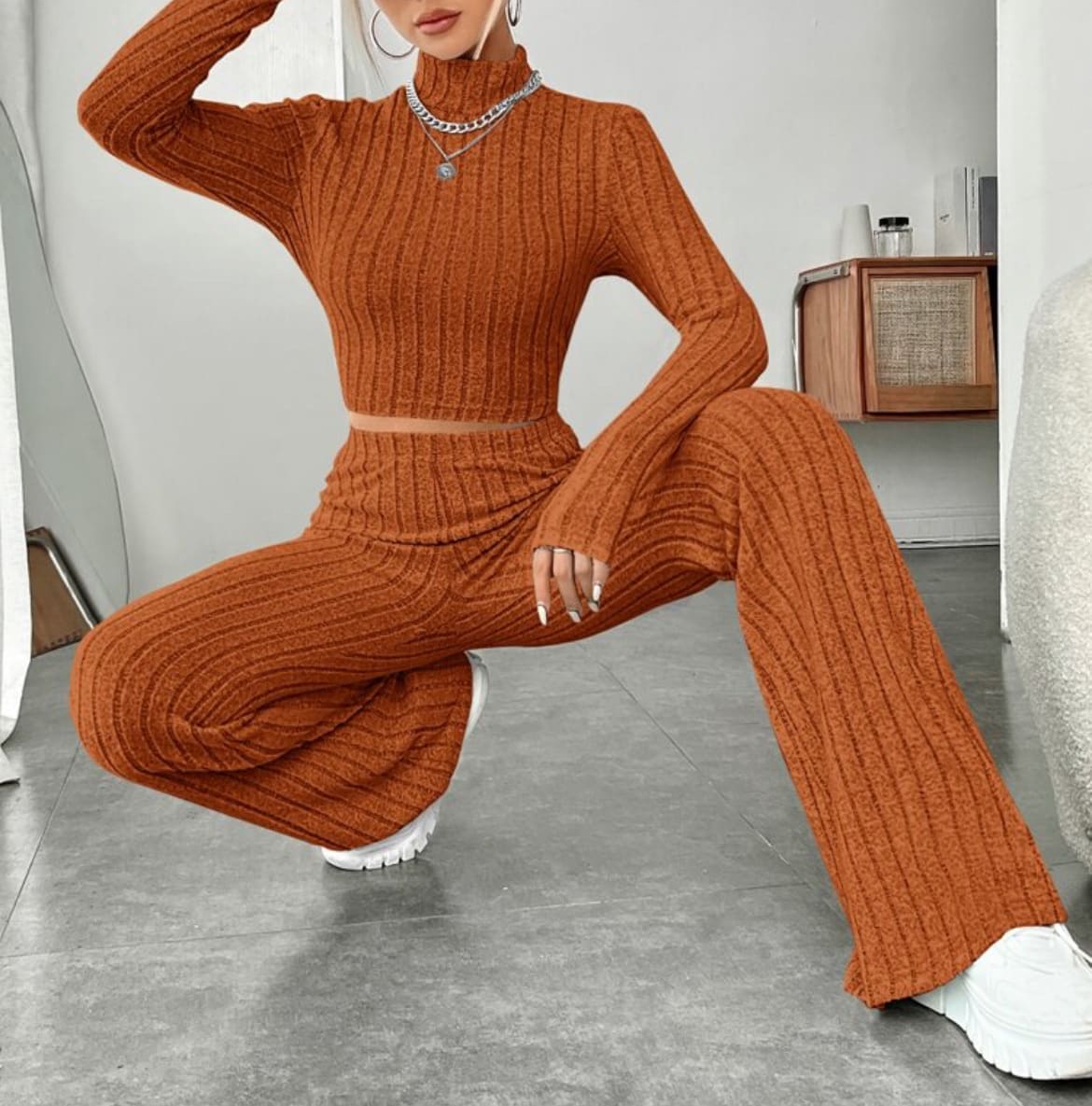 Long Sleeve Turtlenecks Wide Leg High Waist Trousers Suit view 13