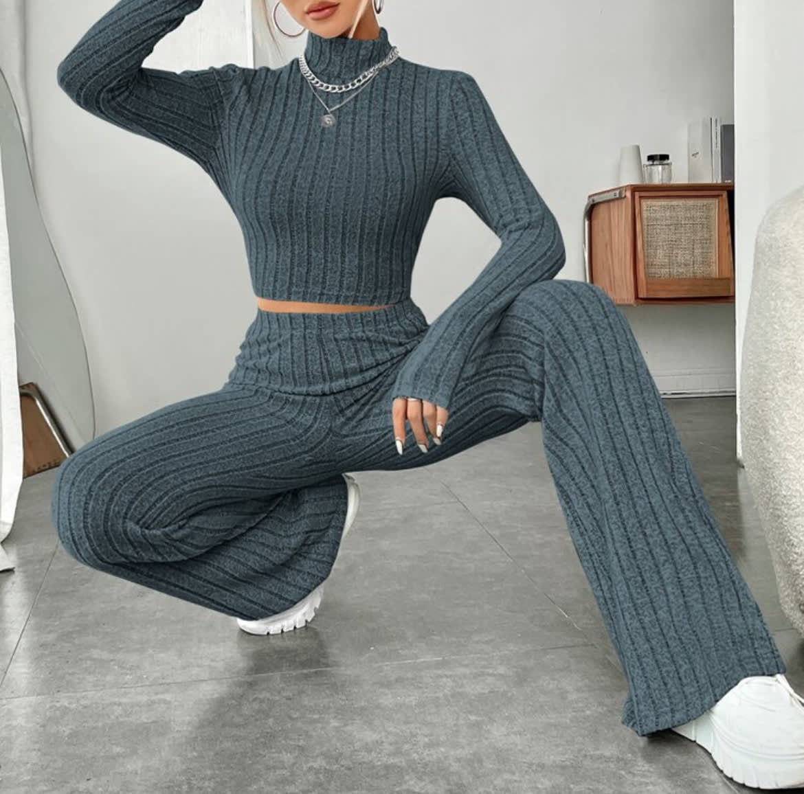 Long Sleeve Turtlenecks Wide Leg High Waist Trousers Suit view 19