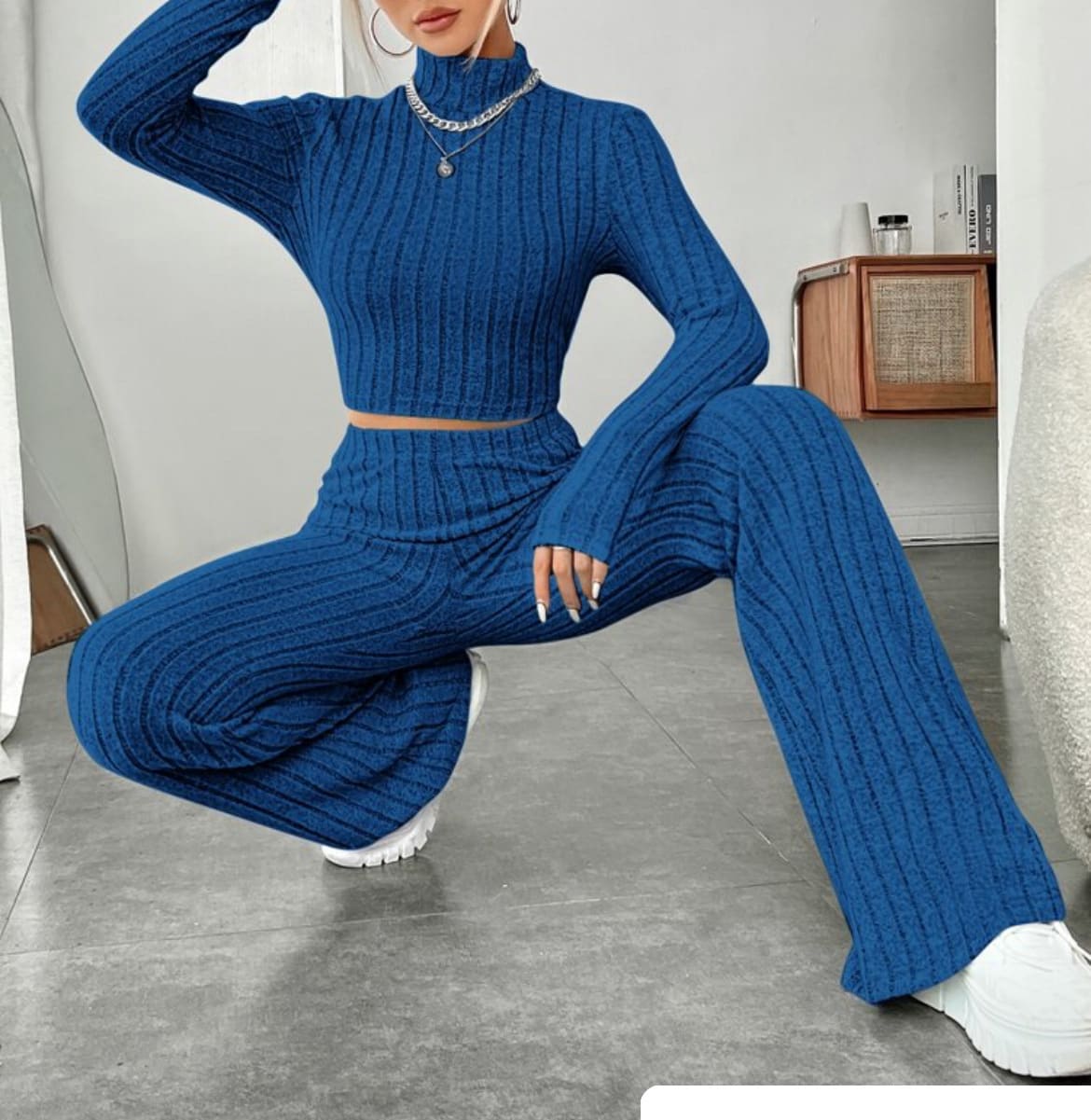 Long Sleeve Turtlenecks Wide Leg High Waist Trousers Suit view 10
