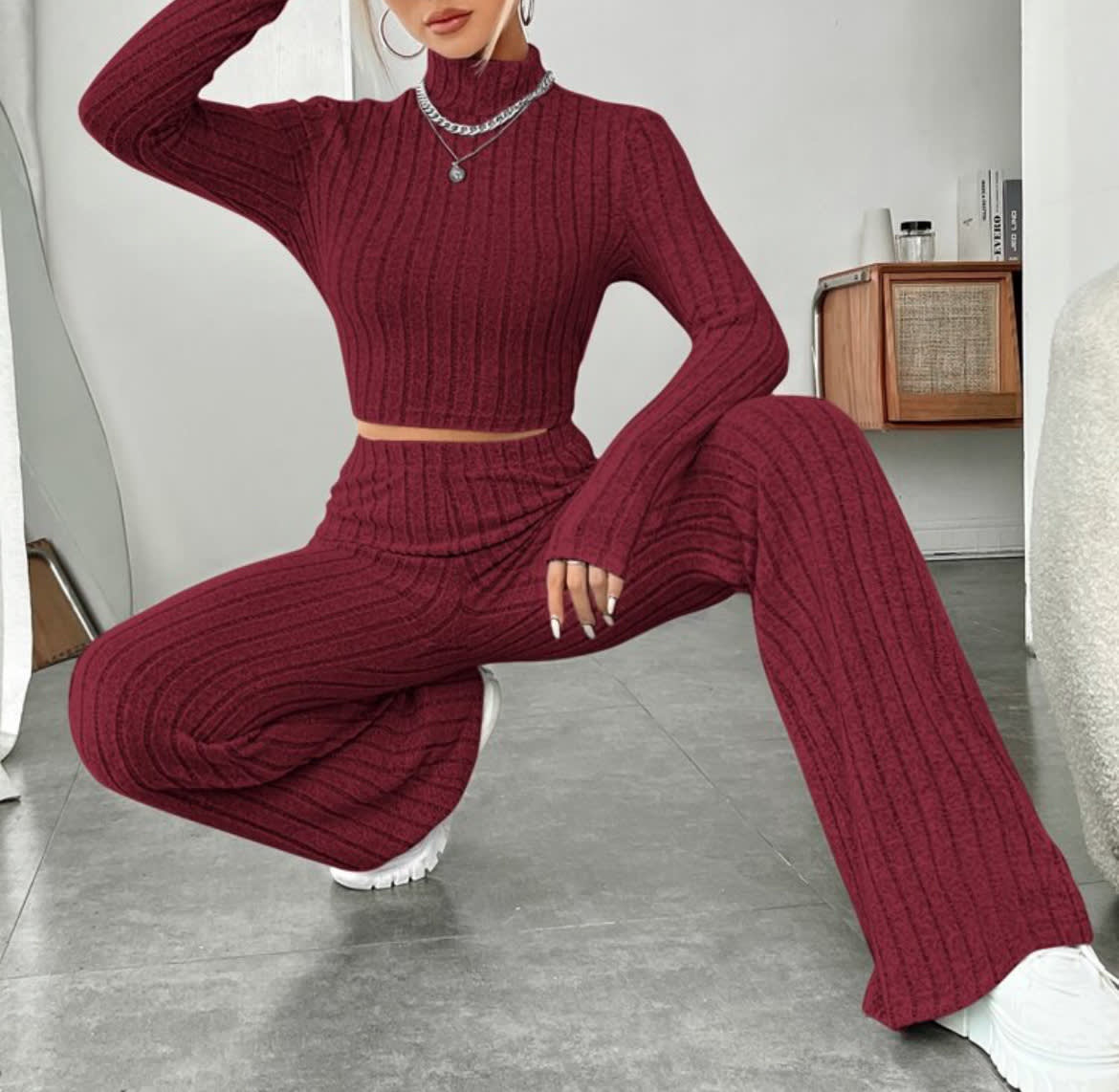 Long Sleeve Turtlenecks Wide Leg High Waist Trousers Suit view 14