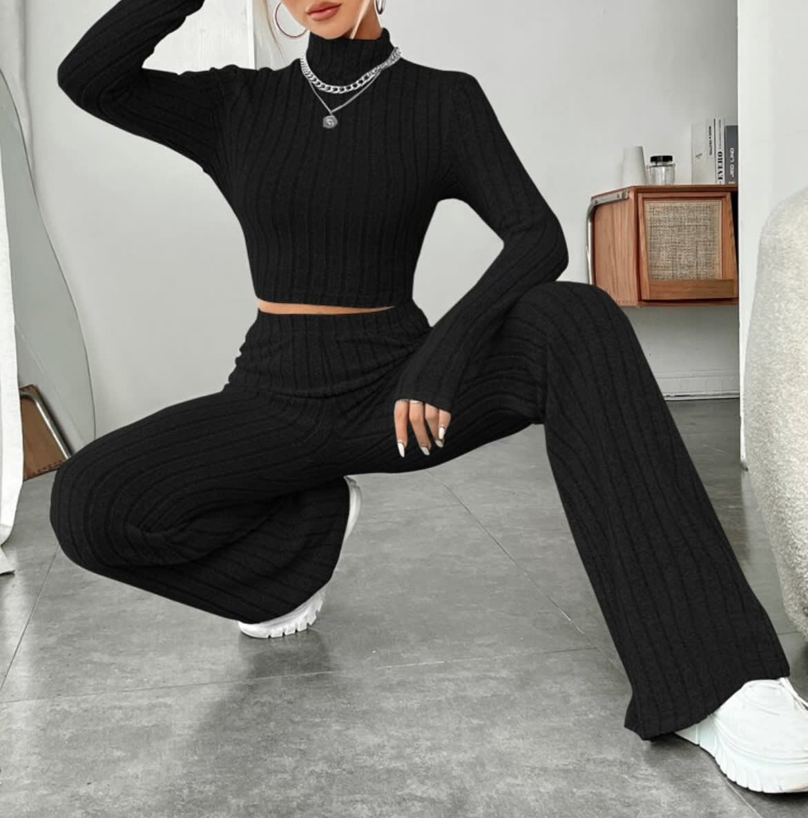 Long Sleeve Turtlenecks Wide Leg High Waist Trousers Suit view 15