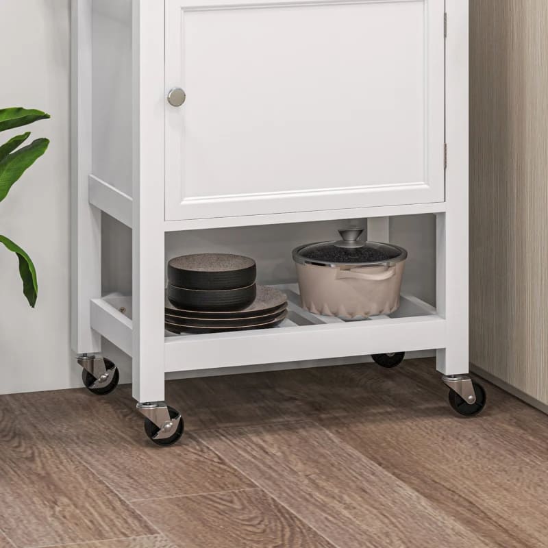 Kitchen Island On Wheels, Rolling Kitchen Cart With Rubberwood Top, Drawer, Wine Rack And Cabinet, White view 11