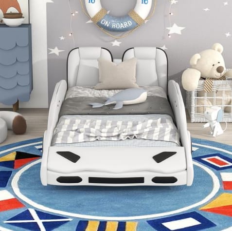 Double Race Platform Bed With Wheels, White