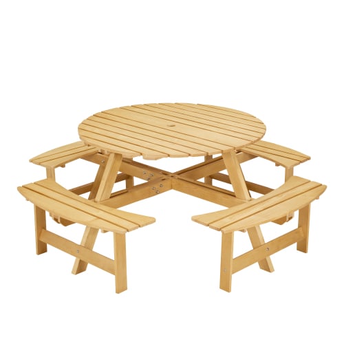 Outdoor 8 Person Picnic Table, 8 Person Round Picnic Table With 4 Built-in Benches, Umbrella Hole, Outside Table And Bench Set For Garden, Backyard, Porch, Patio, Natural view 6
