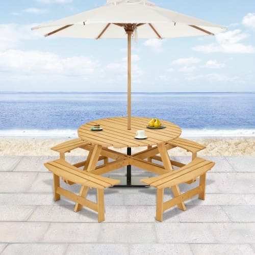 Outdoor 8 Person Picnic Table, 8 Person Round Picnic Table With 4 Built-in Benches, Umbrella Hole, Outside Table And Bench Set For Garden, Backyard, Porch, Patio, Natural view 20