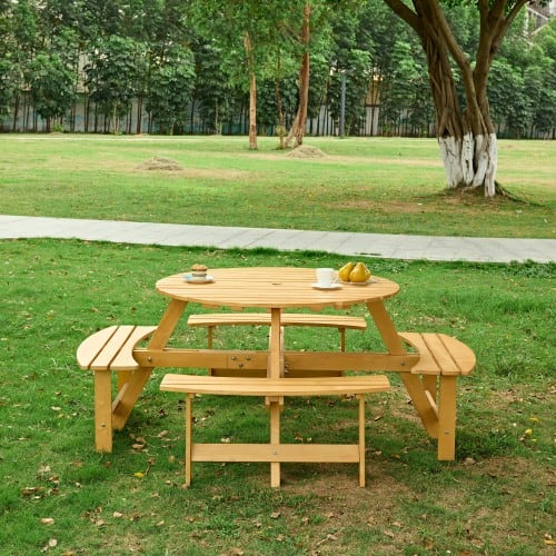 Outdoor 8 Person Picnic Table, 8 Person Round Picnic Table With 4 Built-in Benches, Umbrella Hole, Outside Table And Bench Set For Garden, Backyard, Porch, Patio, Natural view 3