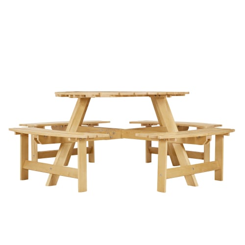Outdoor 8 Person Picnic Table, 8 Person Round Picnic Table With 4 Built-in Benches, Umbrella Hole, Outside Table And Bench Set For Garden, Backyard, Porch, Patio, Natural view 8