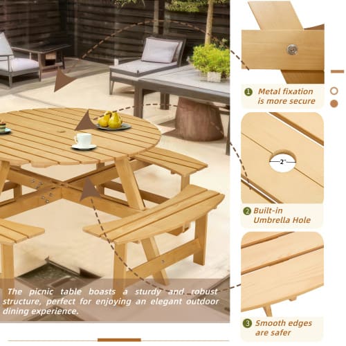 Outdoor 8 Person Picnic Table, 8 Person Round Picnic Table With 4 Built-in Benches, Umbrella Hole, Outside Table And Bench Set For Garden, Backyard, Porch, Patio, Natural view 14
