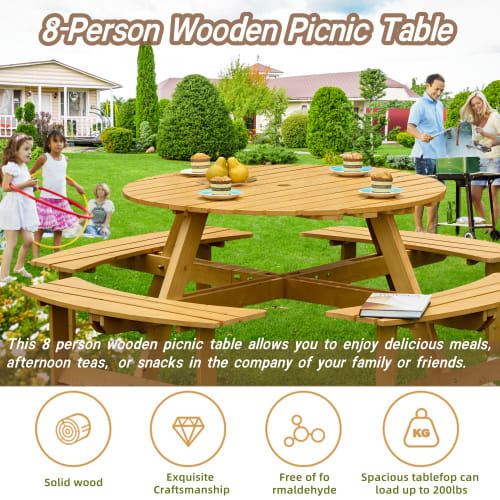 Outdoor 8 Person Picnic Table, 8 Person Round Picnic Table With 4 Built-in Benches, Umbrella Hole, Outside Table And Bench Set For Garden, Backyard, Porch, Patio, Natural view 10